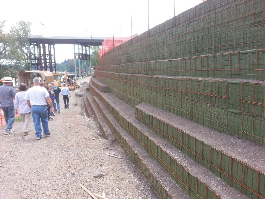 The wall bordering the pedestrian path is designed to be a living wall.  When finished, it will be covered with plants embedded into the wall’s structure.