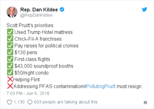This Tweet from the Congressman from Flint, Michigan, sums up why Pruitt so richly deserves his PosterBoy for Corruption title.