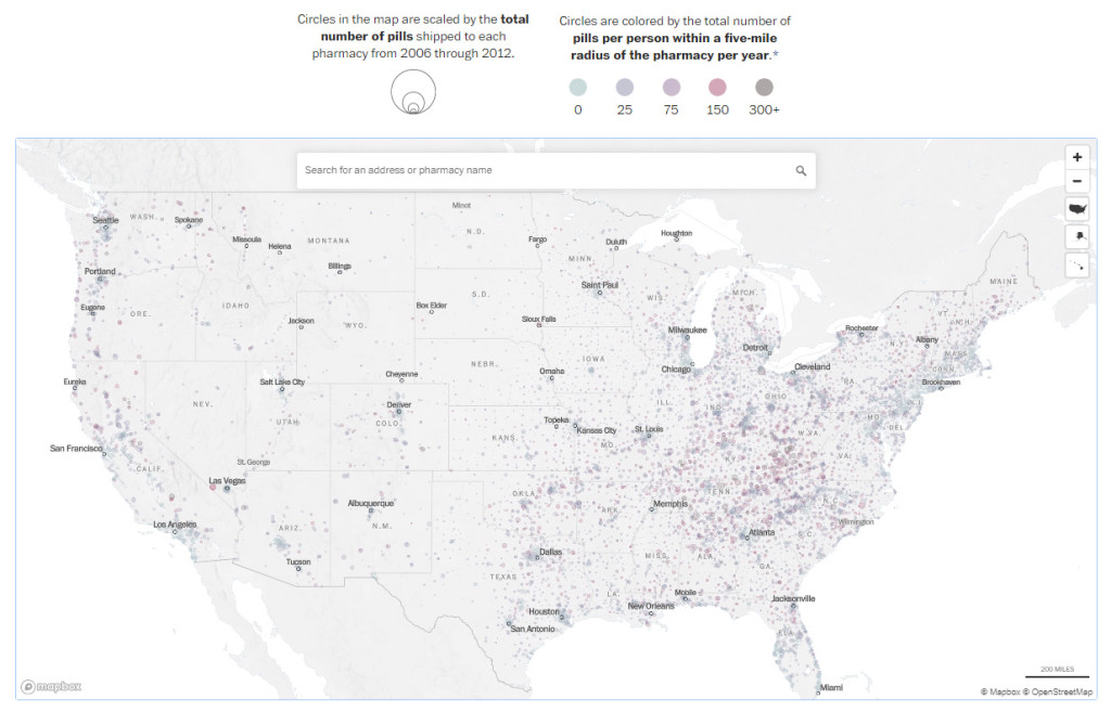 Click here for an interactive map of how many opioid pills were distributed at each pharmacy in the US.